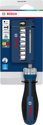 Bộ tua vít có tay cầm xoay Bosch gồm 18 mũi vít.